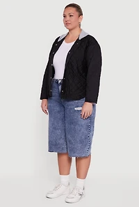 Plus Snap Button Front Hooded Quilted Jacket