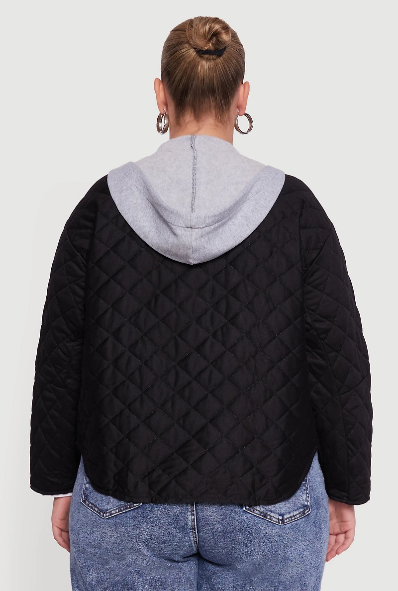 Womens Plus Snap Button Front Hooded Quilted Jacket,