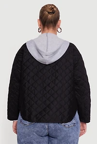 Womens Plus Snap Button Front Hooded Quilted Jacket,