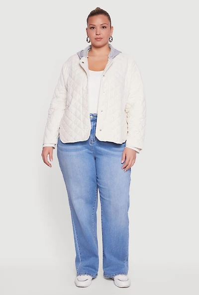 Womens Plus Snap Button Front Hooded Quilted Jacket, White,