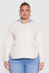 Womens Plus Snap Button Front Hooded Quilted Jacket, White,