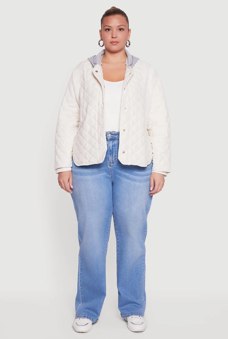 Womens Plus Size Snap Button Front Hooded Quilted Jacket, White, Size 2X