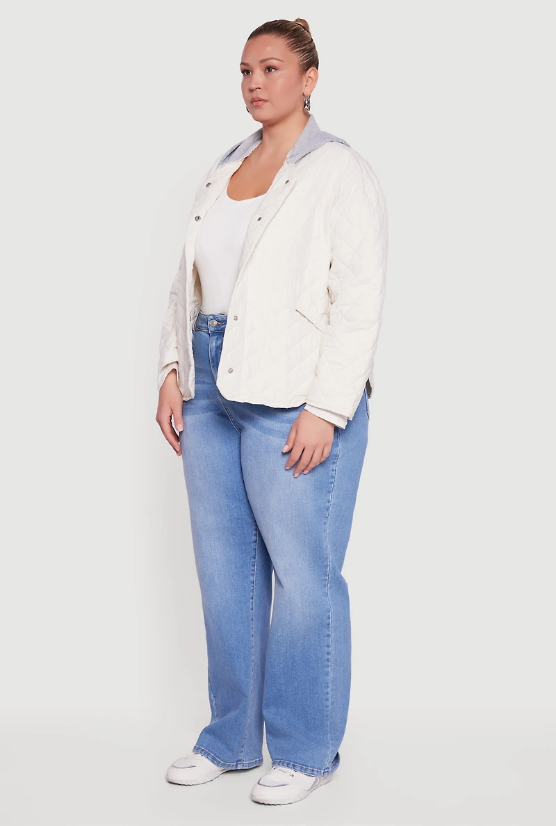 Womens Plus Size Snap Button Front Hooded Quilted Jacket, White, Size 2X