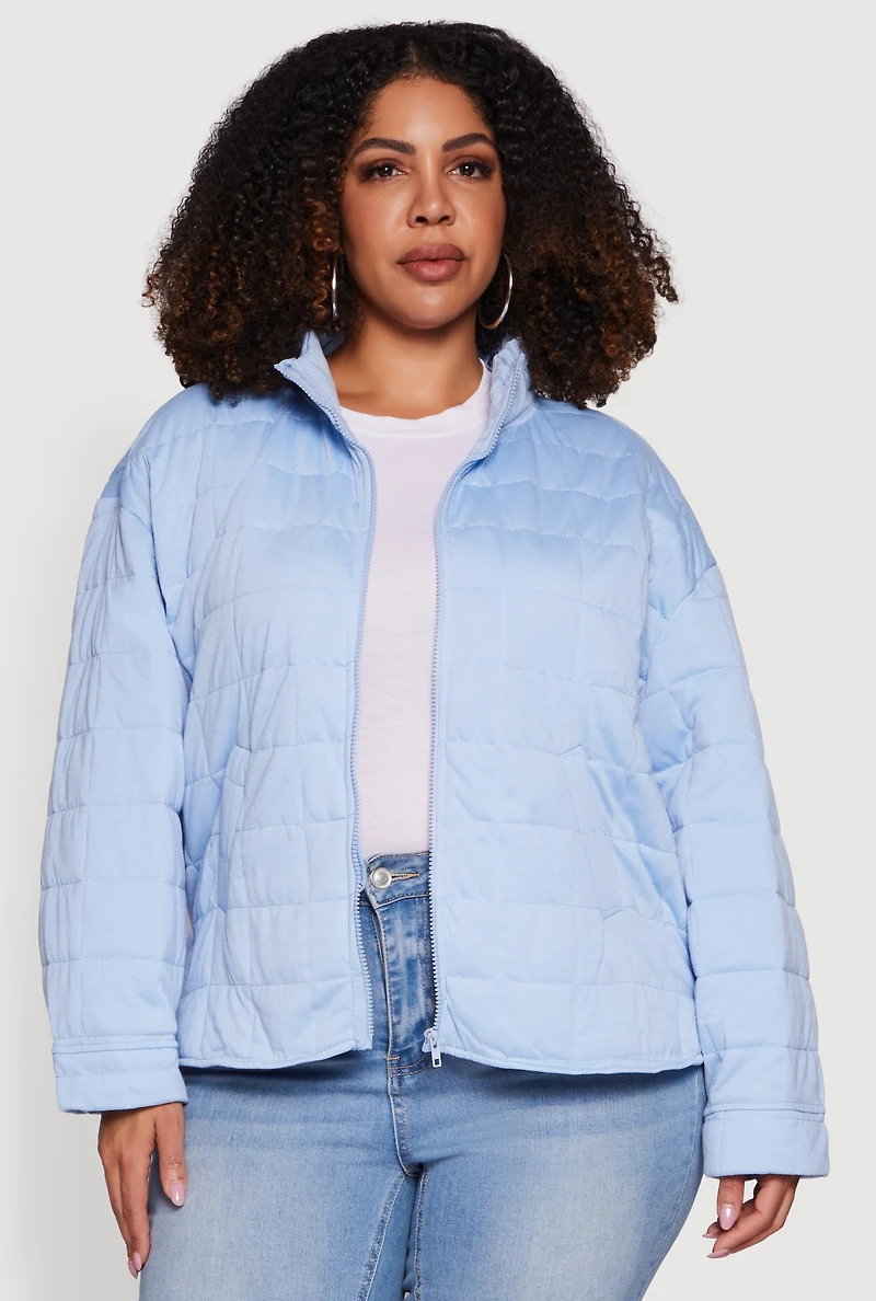 Womens Plus Mock Neck Zip Front Quilted Jacket,
