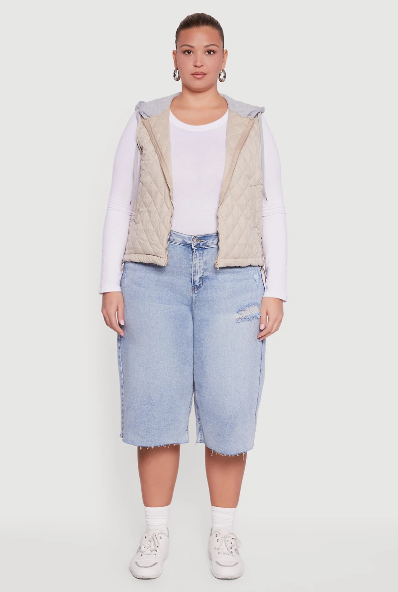 Plus Zip Front Hooded Quilted Vest