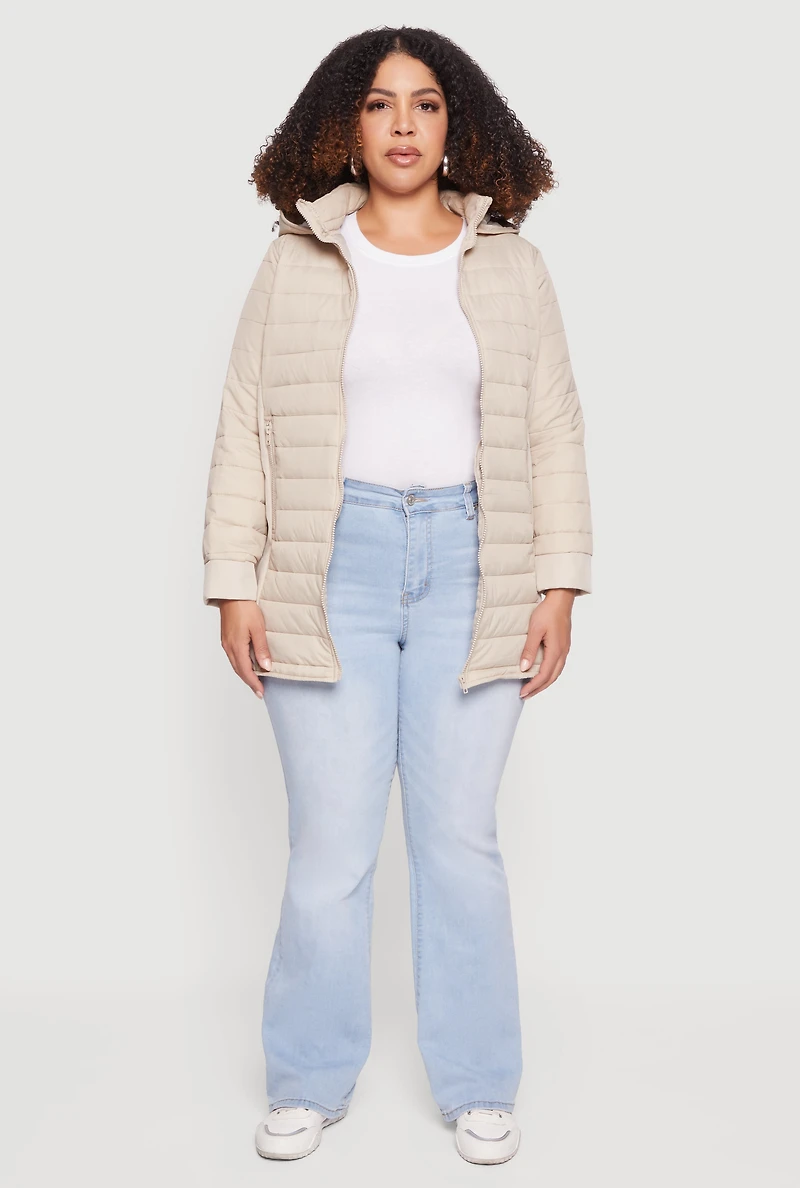 Plus Lightweight Hooded Zip Front Puffer Jacket