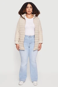 Plus Lightweight Hooded Zip Front Puffer Jacket