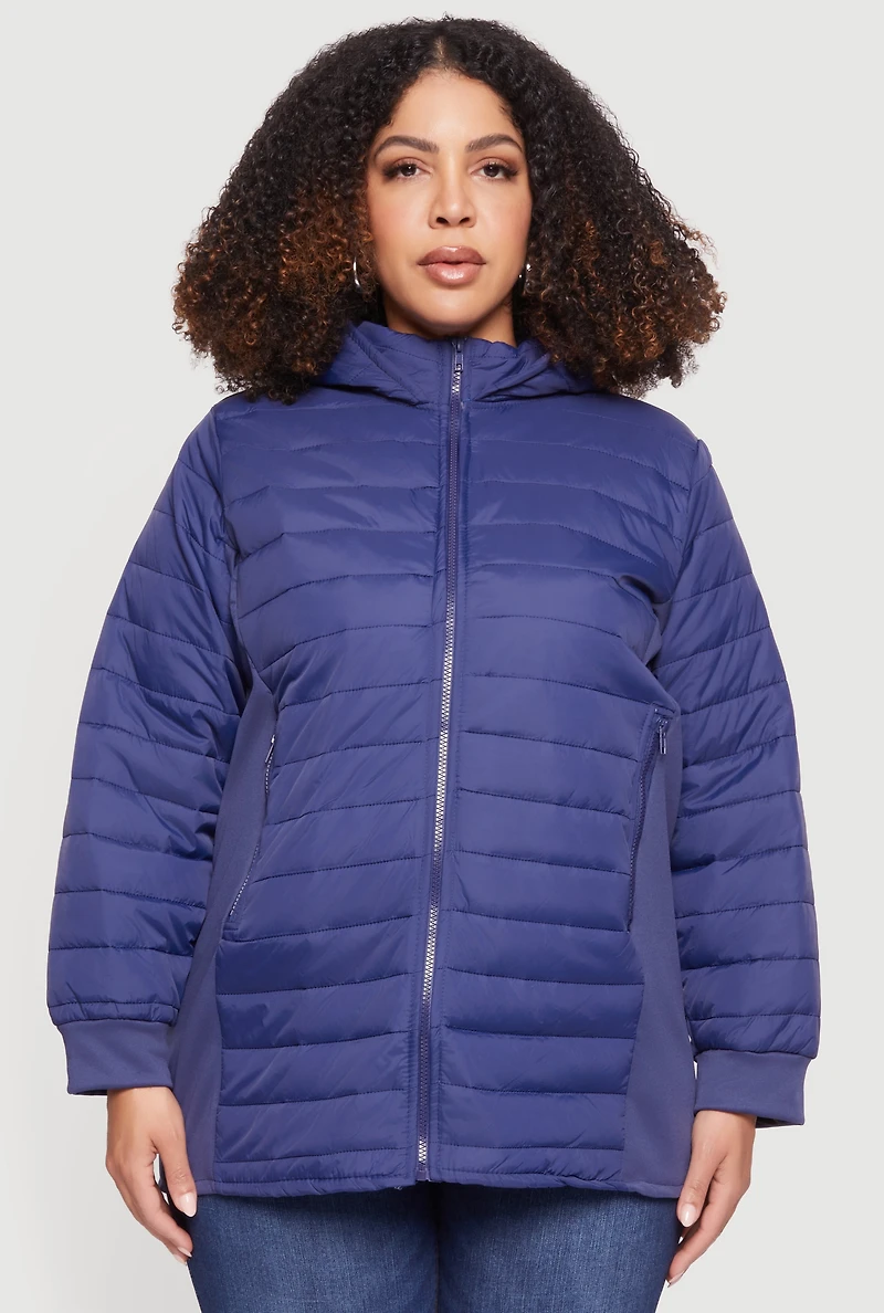 Womens Plus Lightweight Hooded Zip Front Puffer Jacket, Blue,