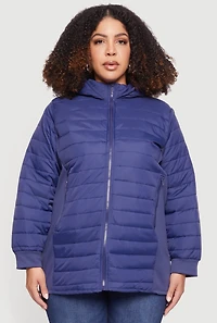 Womens Plus Lightweight Hooded Zip Front Puffer Jacket, Blue,