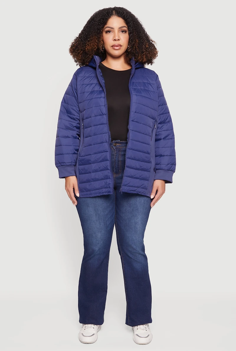 Womens Plus Lightweight Hooded Zip Front Puffer Jacket, Blue,