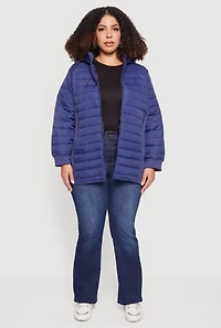 Womens Plus Lightweight Hooded Zip Front Puffer Jacket, Blue,