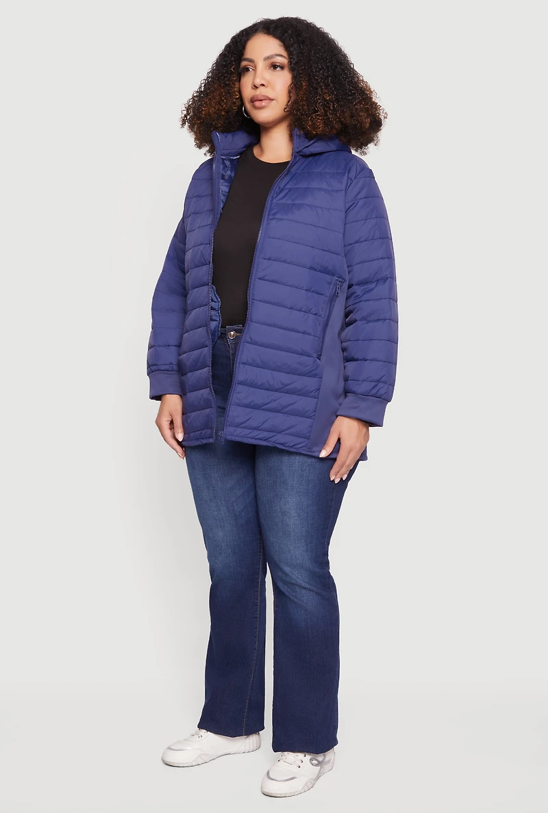 Womens Plus Lightweight Hooded Zip Front Puffer Jacket, Blue,