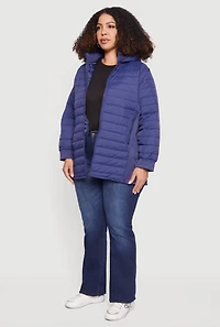 Womens Plus Lightweight Hooded Zip Front Puffer Jacket, Blue,