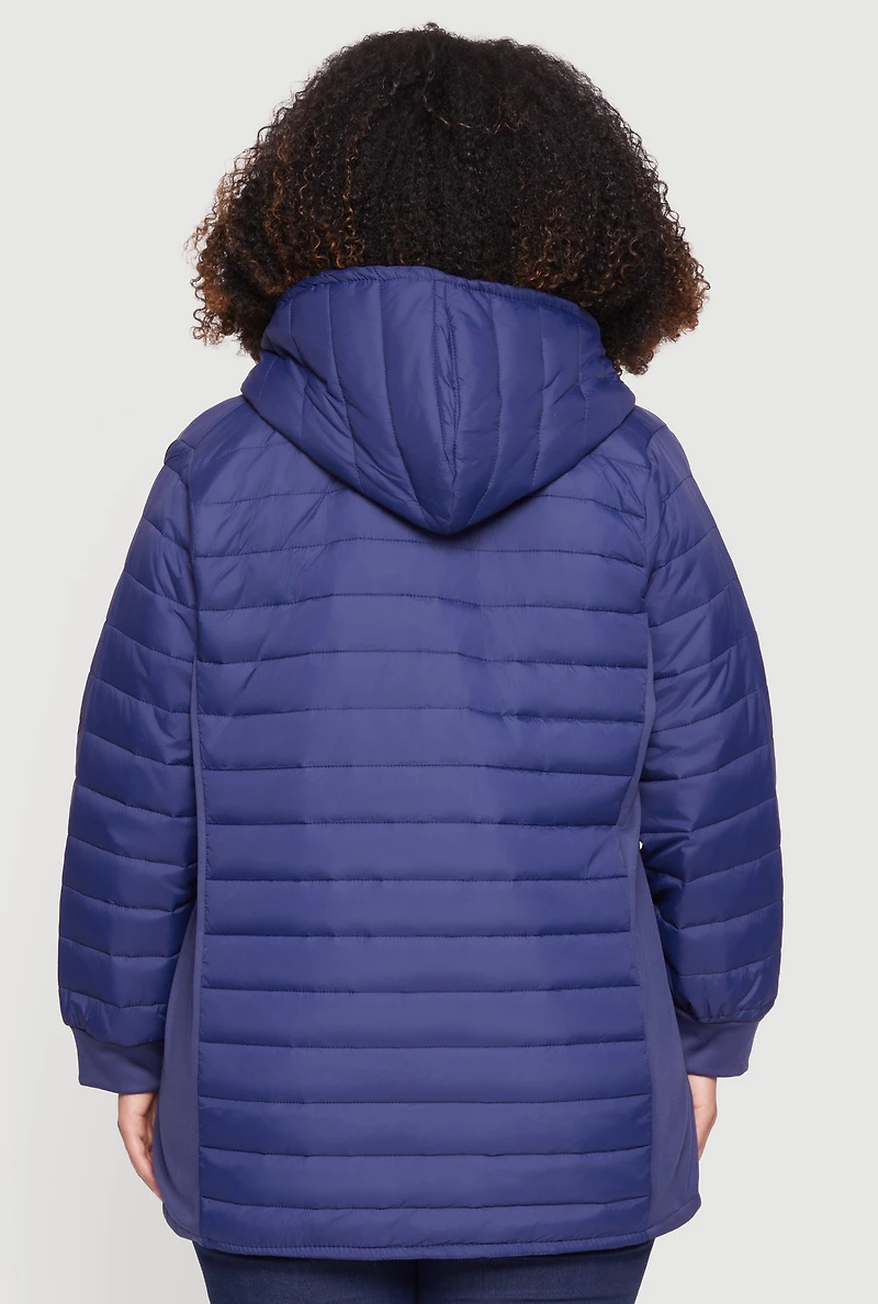 Womens Plus Lightweight Hooded Zip Front Puffer Jacket, Blue,
