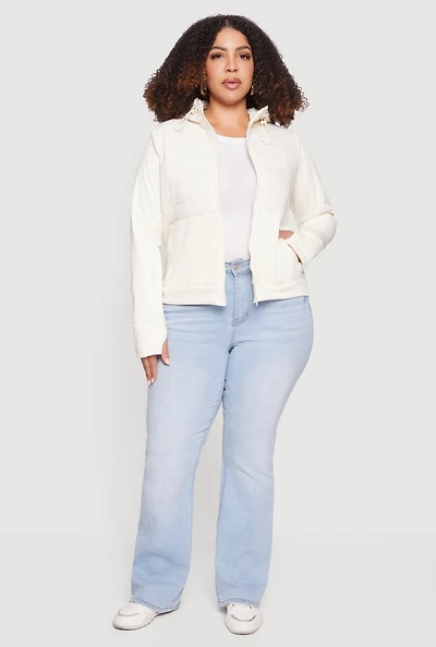 Plus Quilted Detail Zip Front Hooded Jacket with Thumb Holes