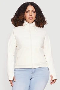 Plus Quilted Detail Zip Front Hooded Jacket with Thumb Holes