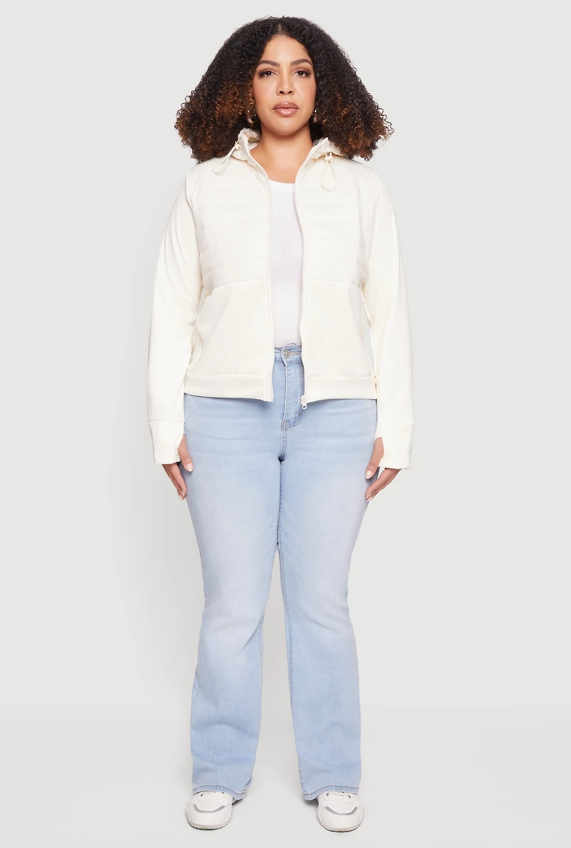 Plus Quilted Detail Zip Front Hooded Jacket with Thumb Holes