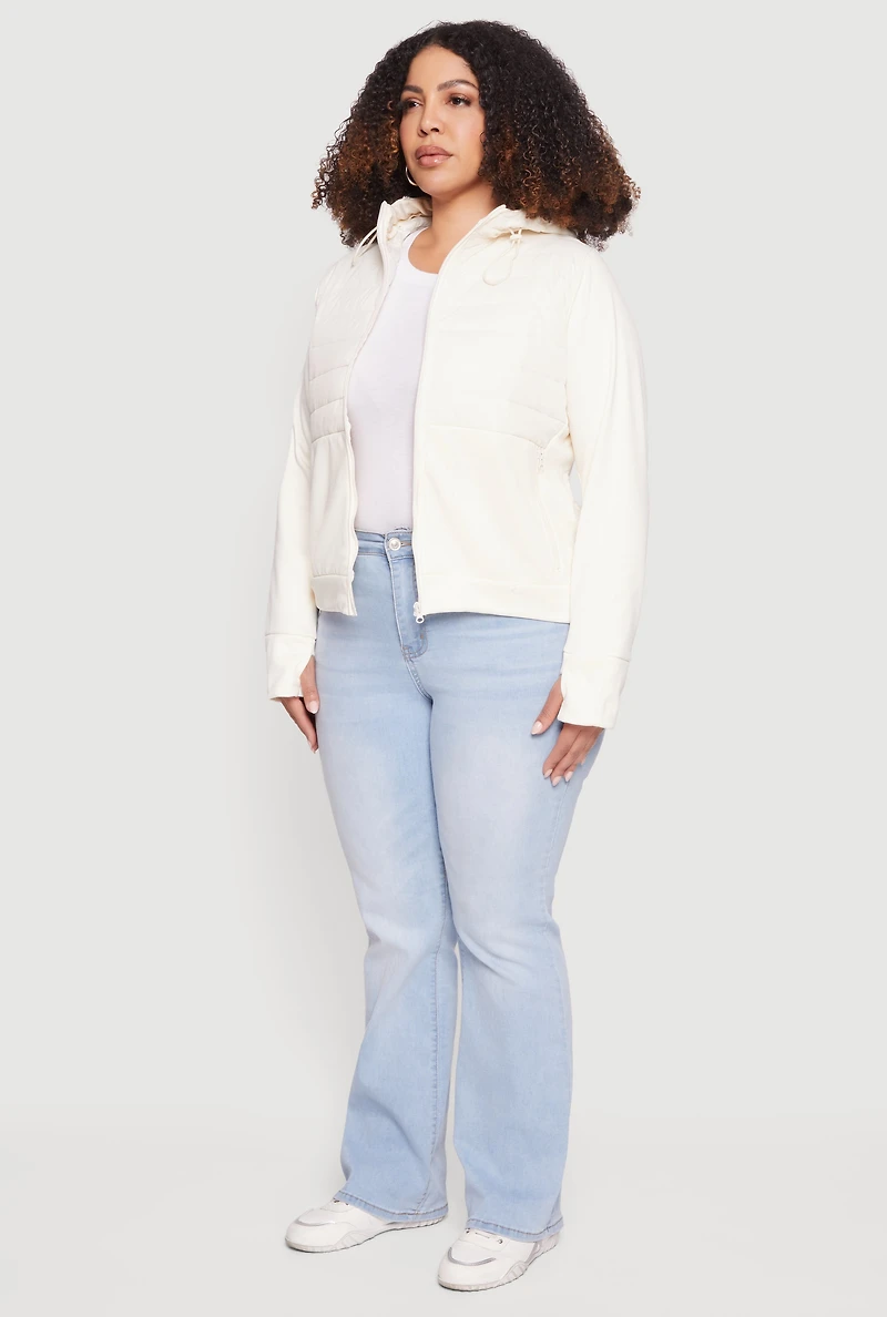 Plus Quilted Detail Zip Front Hooded Jacket with Thumb Holes