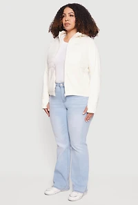 Plus Quilted Detail Zip Front Hooded Jacket with Thumb Holes