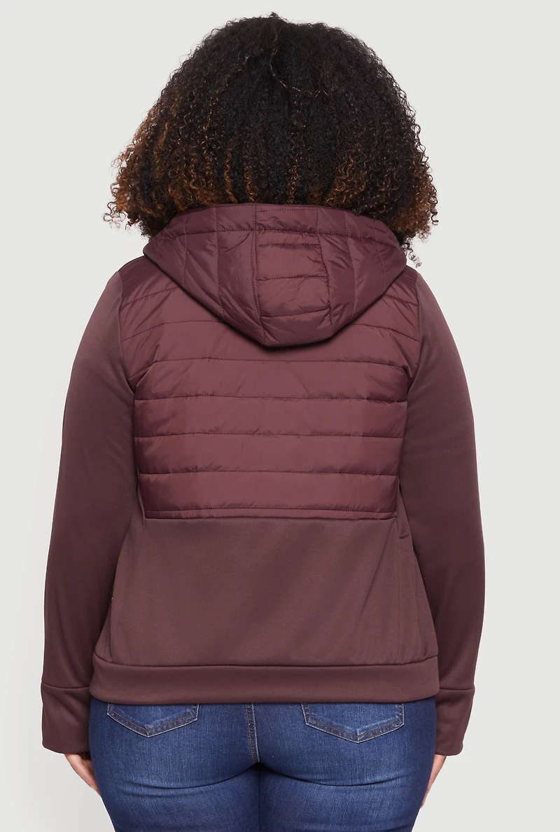 Womens Plus Quilted Detail Zip Front Hooded Jacket with Thumb Holes,