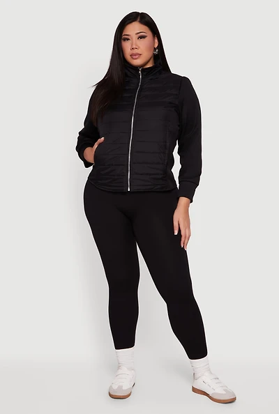 Womens Plus Size Long Sleeve Mock Neck Zip Front Puffer Jacket, Black, Size 4X