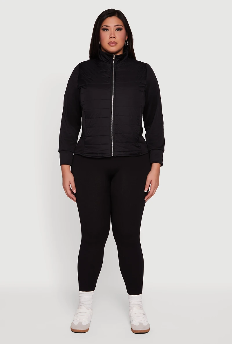 Womens Plus Size Long Sleeve Mock Neck Zip Front Puffer Jacket, Black, Size 4X