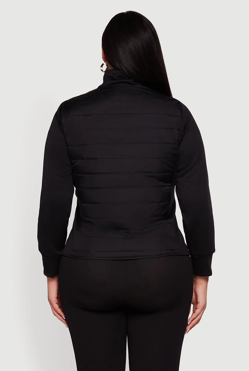 Womens Plus Size Long Sleeve Mock Neck Zip Front Puffer Jacket, Black, Size 4X