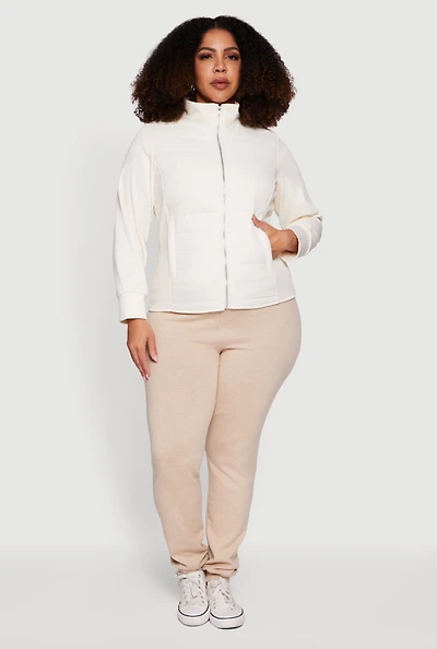 Womens Plus Size Long Sleeve Mock Neck Zip Front Puffer Jacket, White, Size 1X