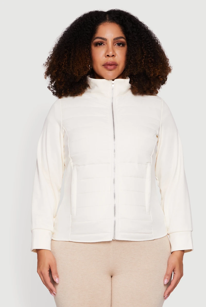 Womens Plus Size Long Sleeve Mock Neck Zip Front Puffer Jacket, White, Size 1X