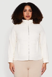 Womens Plus Size Long Sleeve Mock Neck Zip Front Puffer Jacket, White, Size 1X