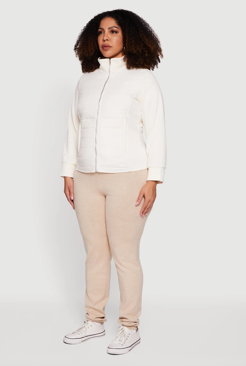 Womens Plus Size Long Sleeve Mock Neck Zip Front Puffer Jacket, White, Size 1X