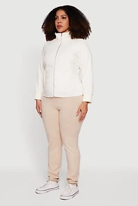 Womens Plus Size Long Sleeve Mock Neck Zip Front Puffer Jacket, White, Size 1X