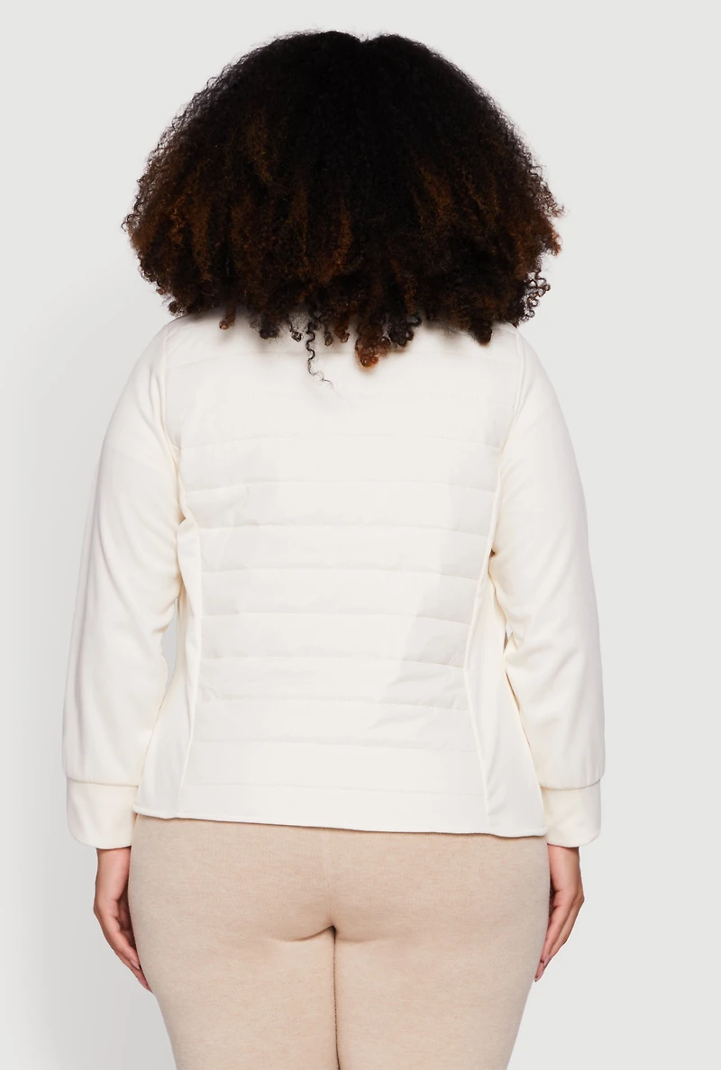 Womens Plus Size Long Sleeve Mock Neck Zip Front Puffer Jacket, White, Size 1X