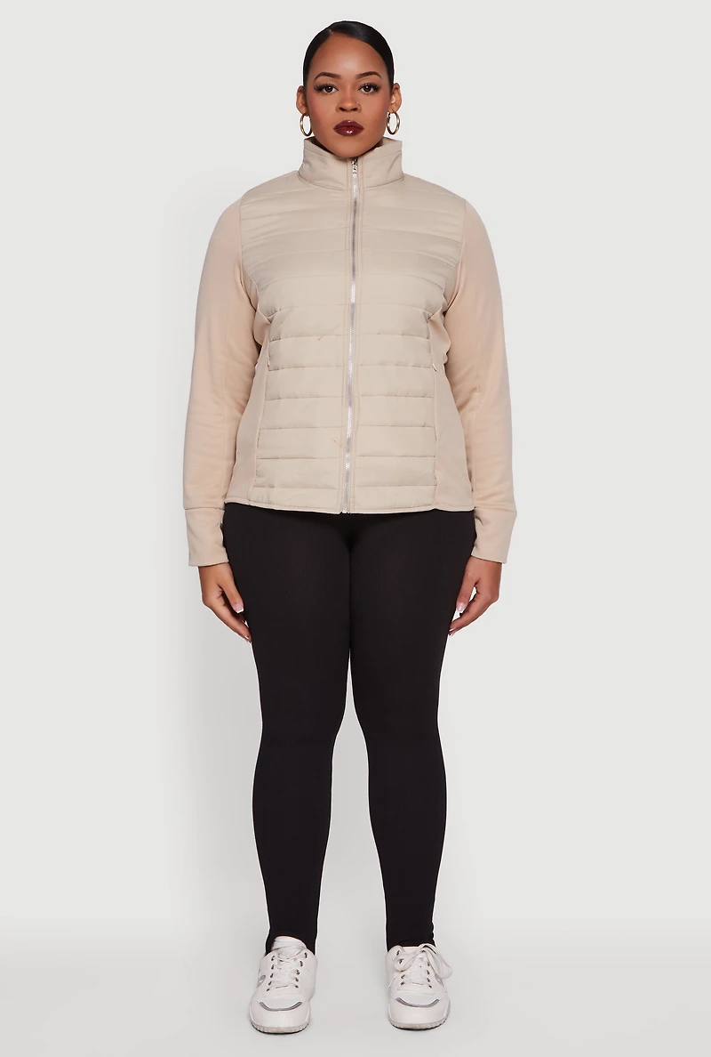 Womens Plus Mock Neck Zip Front Puffer Jacket, Beige,