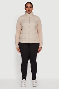 Womens Plus Mock Neck Zip Front Puffer Jacket, Beige,