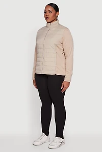 Womens Plus Mock Neck Zip Front Puffer Jacket, Beige,