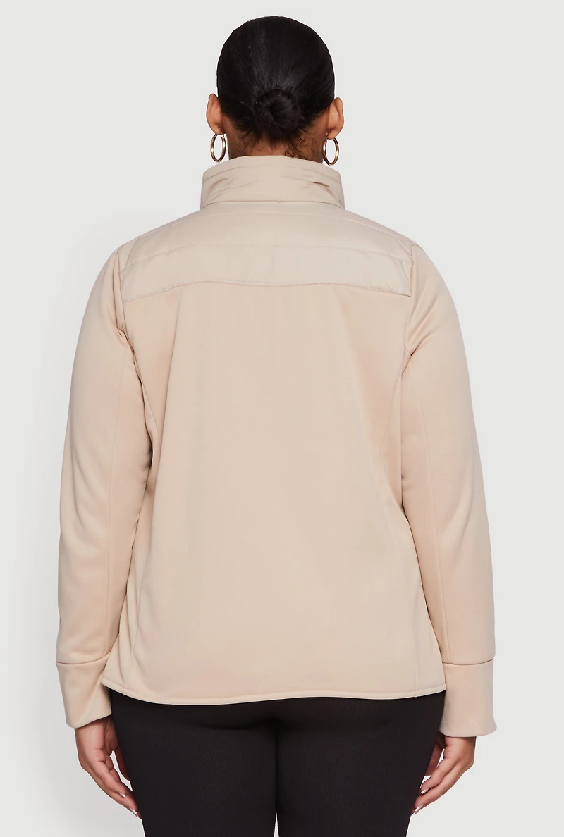 Womens Plus Mock Neck Zip Front Puffer Jacket, Beige,