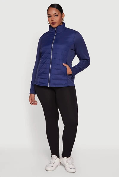 Womens Plus Mock Neck Zip Front Puffer Jacket,