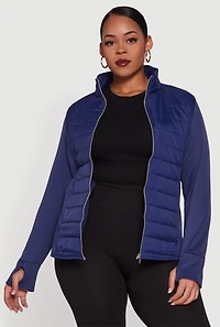 Womens Plus Size Mock Neck Zip Front Puffer Jacket, Blue, Size 1X