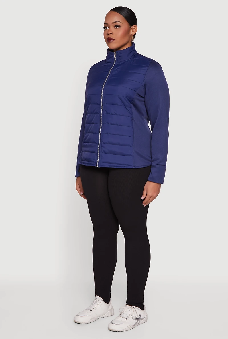 Womens Plus Size Mock Neck Zip Front Puffer Jacket, Blue, Size 1X