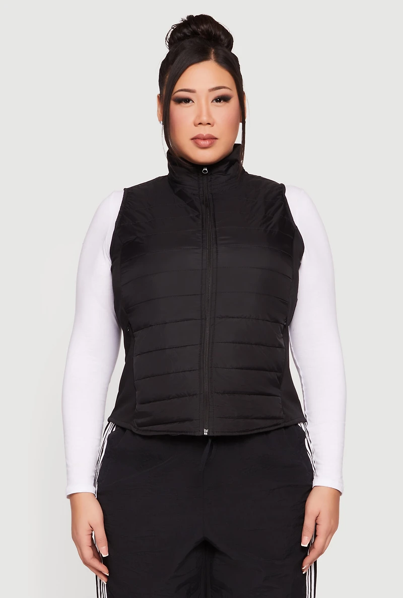Plus Fleece Lined Side Detail Nylon Puffer Vest