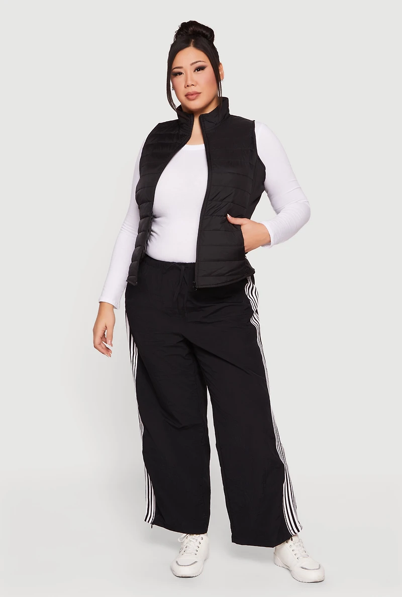 Plus Fleece Lined Side Detail Nylon Puffer Vest