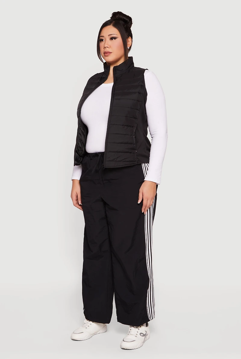 Plus Fleece Lined Side Detail Nylon Puffer Vest