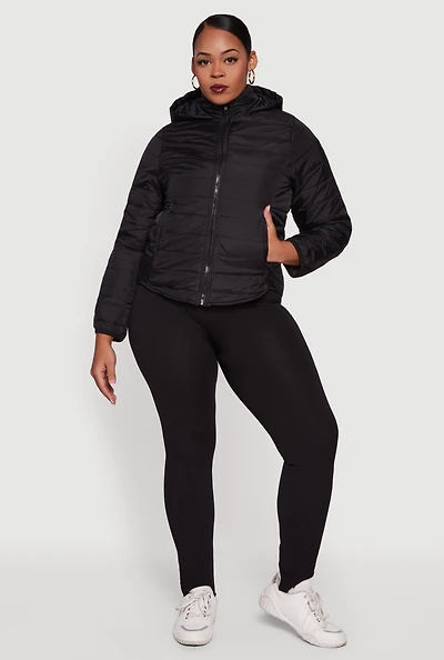Plus Hooded Mock Neck Zip Front Puffer Jacket