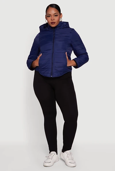 Womens Plus Hooded Mock Neck Zip Front Puffer Jacket,