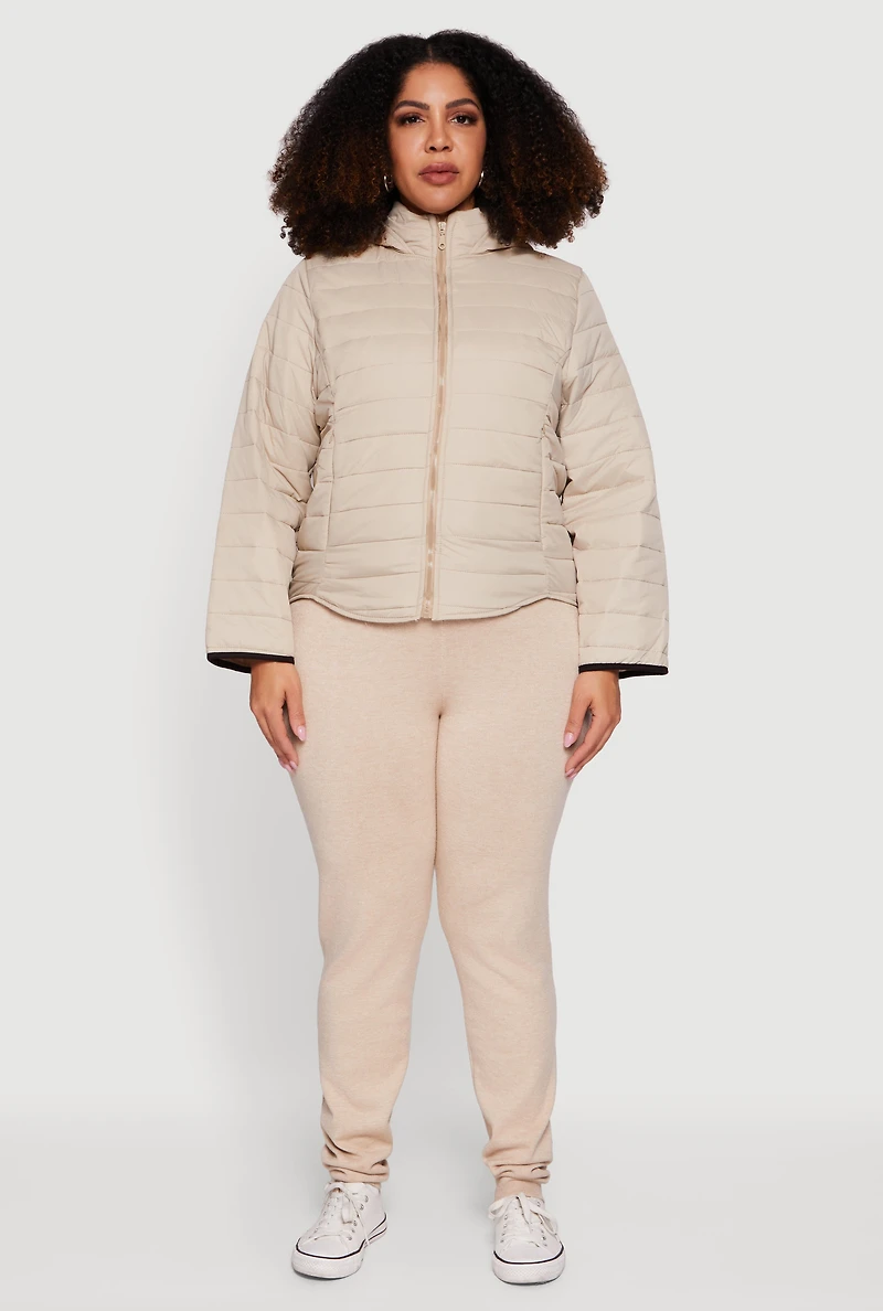 Plus Hooded Mock Neck Zip Front Puffer Jacket