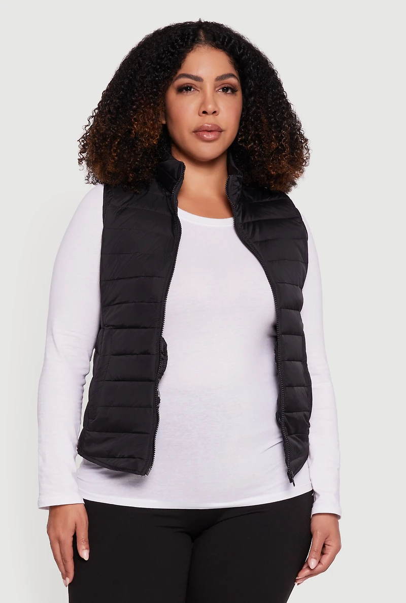 Womens Plus Mock Neck Zip Front Puffer Vest,