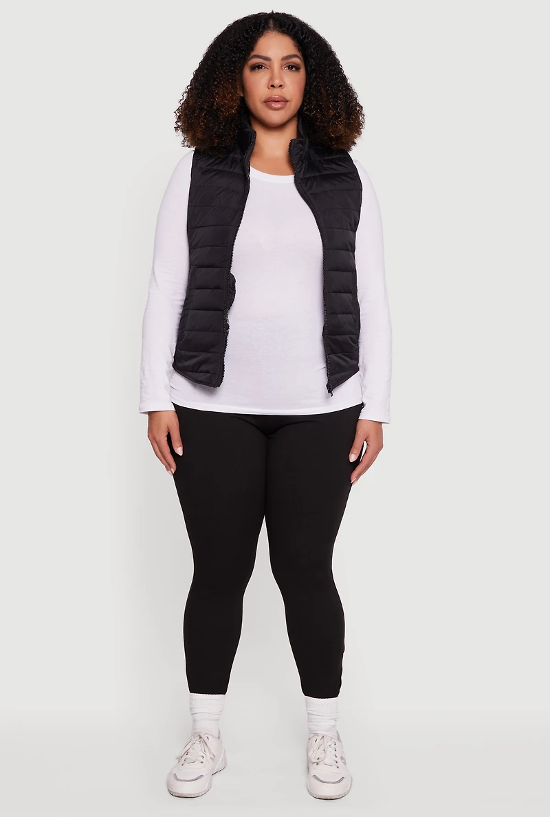 Womens Plus Mock Neck Zip Front Puffer Vest,