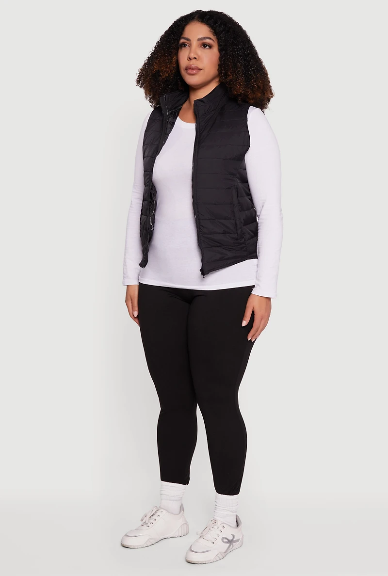 Womens Plus Mock Neck Zip Front Puffer Vest,