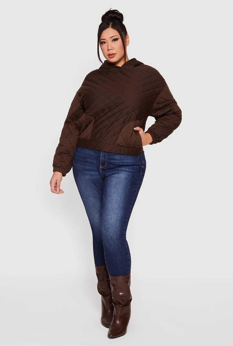 Womens Plus Size Hooded Quilted Sweatshirt, Brown, Size 2X